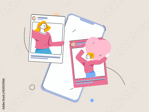 Virtual characters social communication concept business flat vector hand drawn illustration
