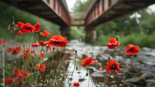 Memorial Day symbolized by a bridge decorated with poppies, panoramic and poignant., Generative AI
