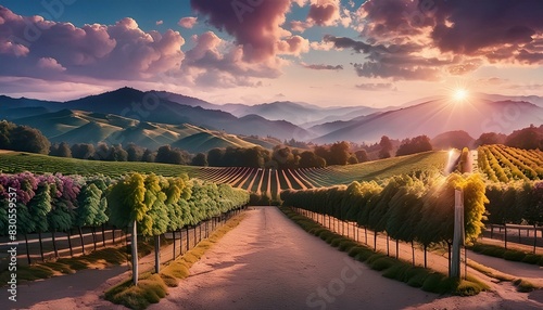 landscape with vineyard  landscape with green grass and sky  vineyard in region  vineyard in the morning  sunset over the mountains  sunset in the desert  Vineyard and forest fire - grape harvest