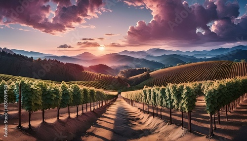 landscape with vineyard, landscape with green grass and sky, vineyard in region, vineyard in the morning, sunset over the mountains, sunset in the desert, Vineyard and forest fire - grape harvest