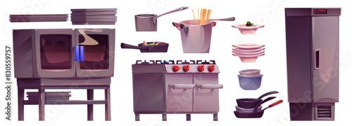 Restaurant kitchen furniture set isolated on white background. Vector cartoon illustration of cooking equipment, metal refrigerator, oven, cooker, clean frying pans, plates and bowls, catering design