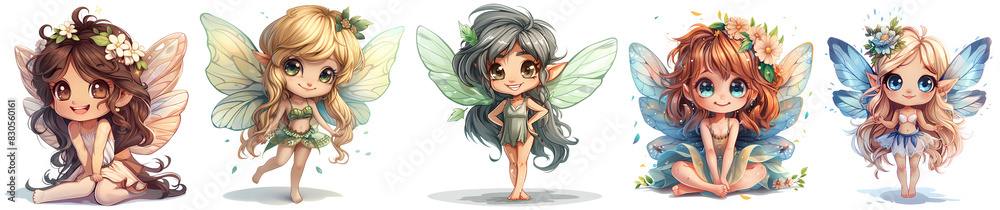Collection of cute fairy girls  set, png, generated ai
