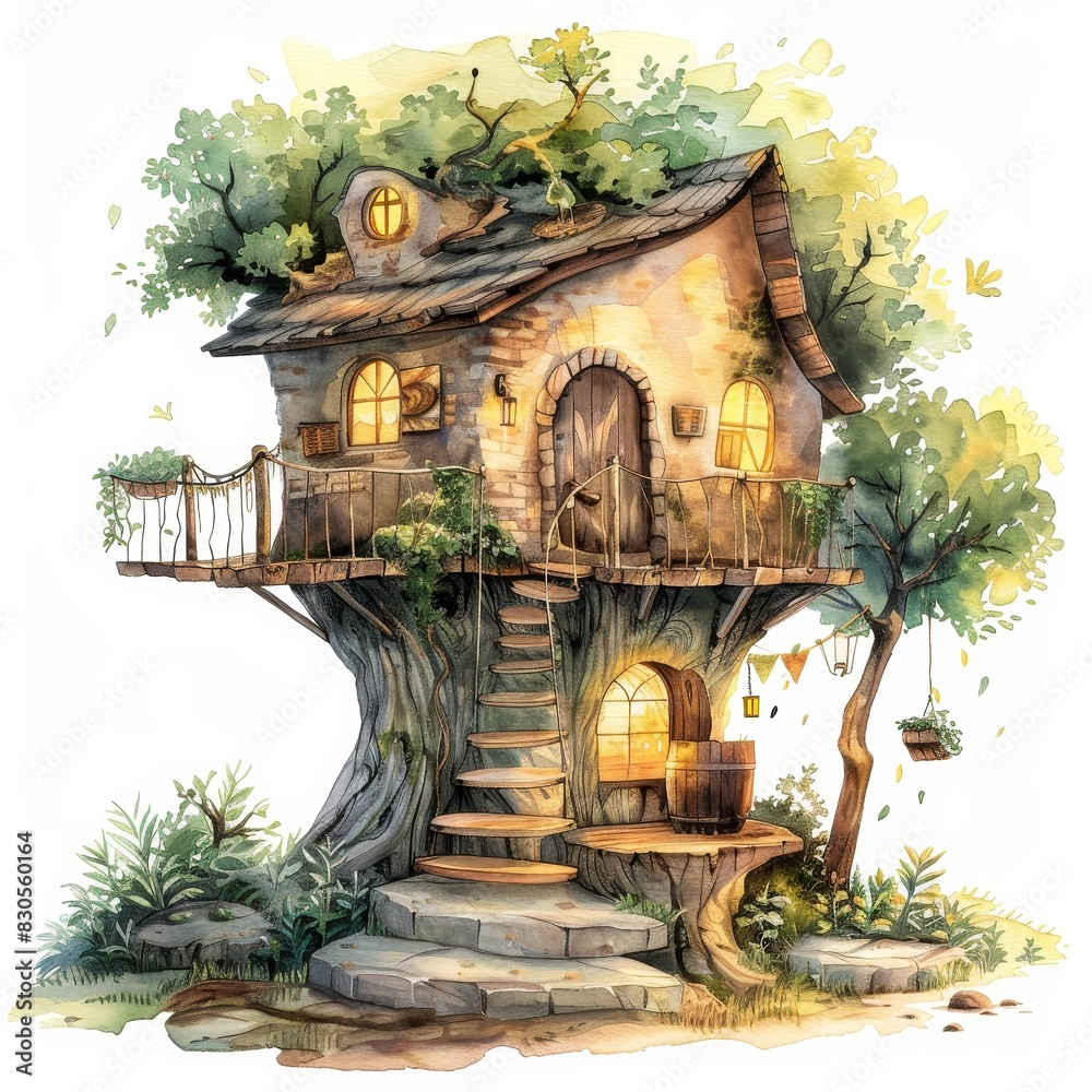 Fototapeta premium Charming treehouse nestled in a lush tree with a rustic design, featuring glowing windows, a wooden ladder, and surrounding greenery.