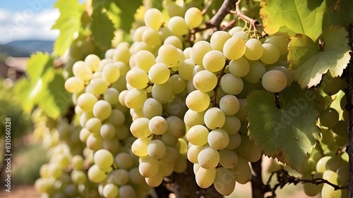 A cluster of ripe white grapes hangs elegantly in a vineyard, symbolizing abundance and nature's fruition