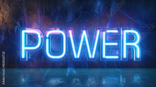 Blue glowing neon sign displaying the word power against a dark backdrop