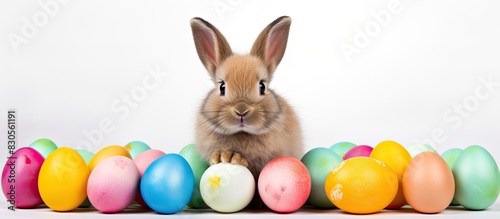 The cutest Easter bunny with Easter eggs on a white background creating a perfect copy space image © HN Works