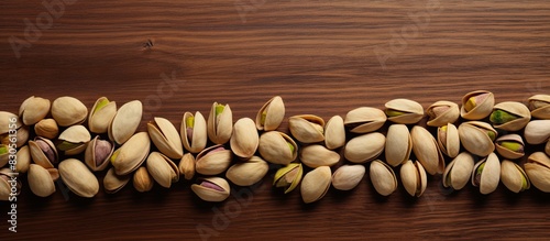 Copy space image of unsalted pistachios arranged on an aged wooden table in a flat lay style allowing room for text photo