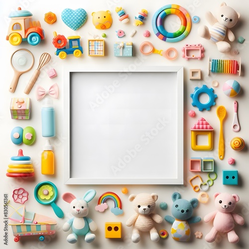 AI Generate of A Kid Toys, Toys with White Blank Frame in Middle for Copy Text. Top View. Flat Lay.White Background. © CA