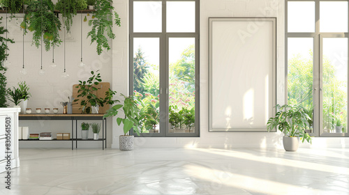White mockup frame in a light-filled kitchen with lots of windows and vegetation