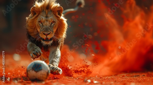 A lion playing soccer on a vibrant red studio background photo