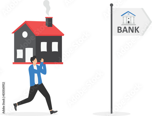 Mortgage Refinancing Loan-businessman dragging house to the bank.

