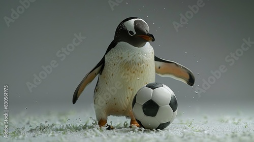 A penguin kicking a soccer ball on a silver studio background
