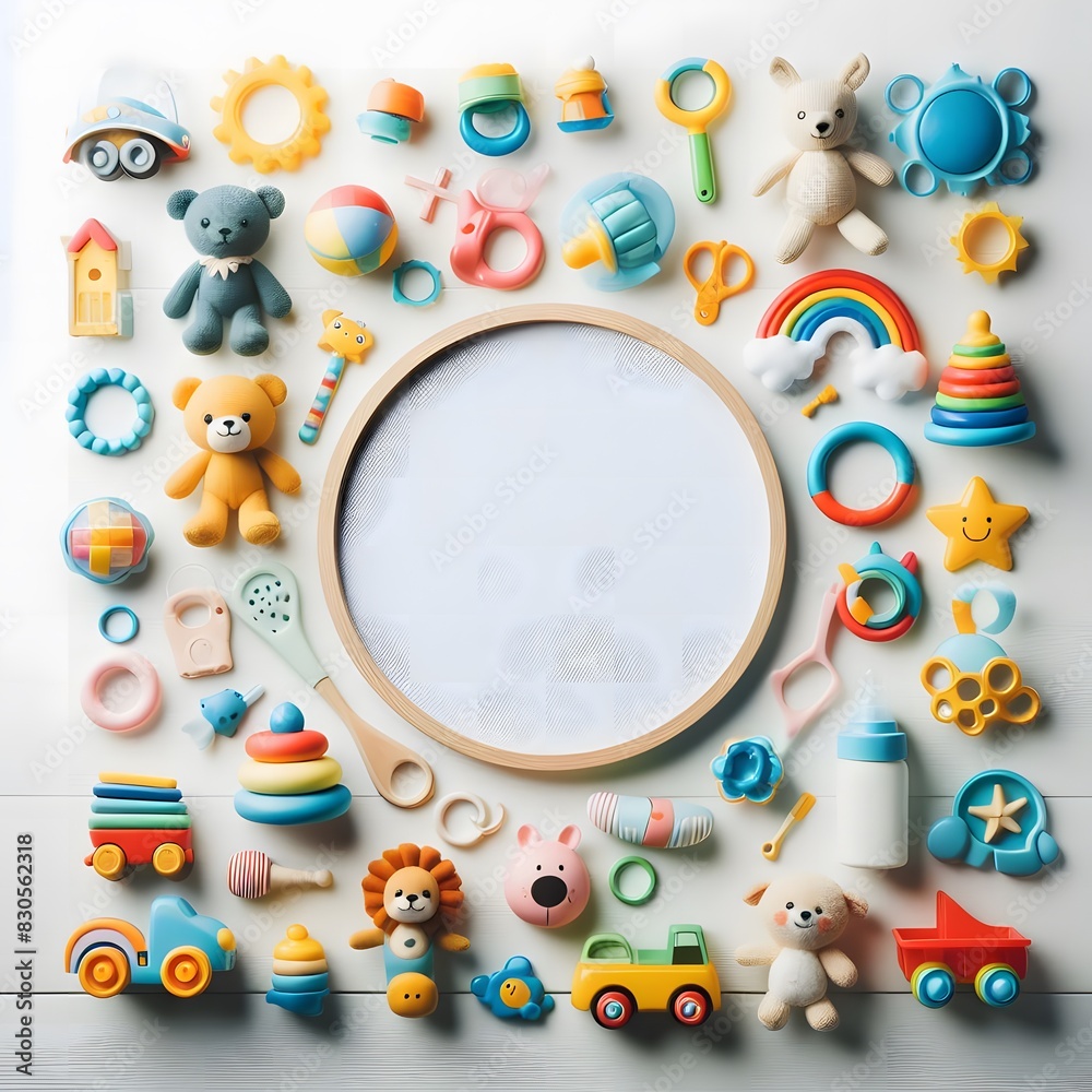 AI Generate of A Kid Toys, Toys with White Blank Frame in Middle for Copy Text. Top View. Flat Lay.White Background. AI Generate of A Kid Toys, Toys with White Blank Frame in Middle for Copy Text. Top View. Flat Lay.White Background.