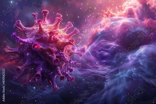 COVID-19 virus floating in cosmic environment, dark space backdrop, digital illustration