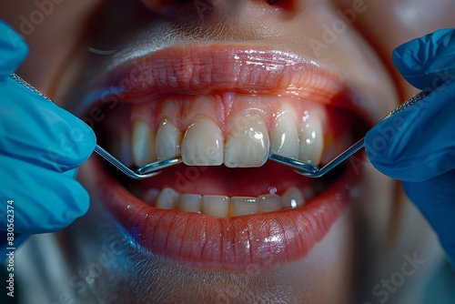 Dentist's hand lifting lip to show teeth, detailed dental examination, medical precision