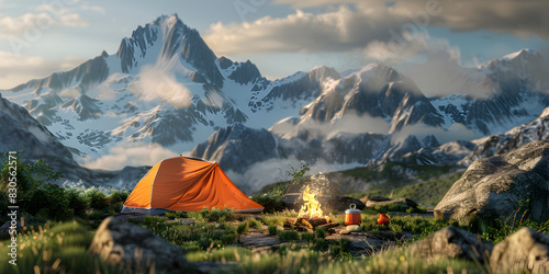 Tent for tourists near the mountains,Tranquil camping adventure in majestic Alberta mountain range at dusk generated by AI

 photo