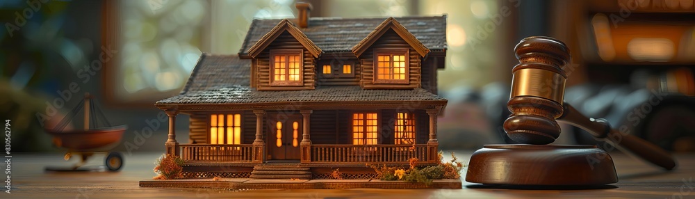 Legal gavel next to house model, property auction concept, detailed, soft lighting Legal gavel next to house model, property auction concept, detailed, soft lighting