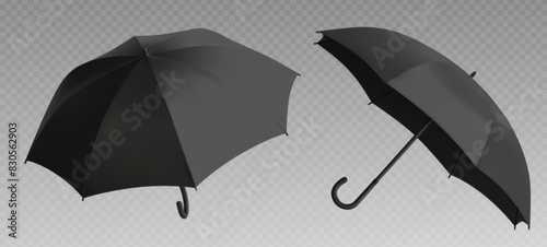 Black rain protection umbrella mockup side and back view for branding promotion. Realistic 3d vector set of blank open automatic parasol with handle template in different angles. Weather accessory. photo