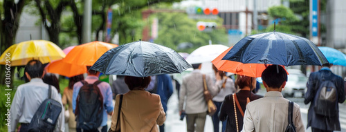 A group of Japanese people walking on a street in Japan with umbrellas during heavy rain, in a photo taken from behind them. The scene shows various faces and body postures as they walk along an outdo photo