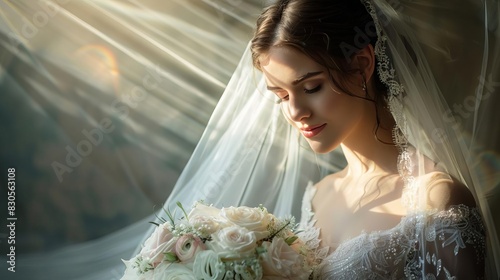 A beautiful bride in a delicate dress and veil holding a white rose bouquet, bathed in soft, natural light on her wedding day.