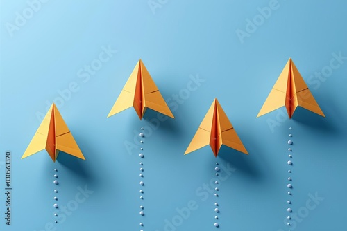 Three yellow paper airplanes flying upward, blue background, minimalistic, digital art