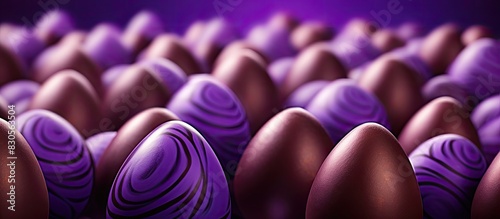 Purple paper background with Easter chocolate eggs in a copy space image