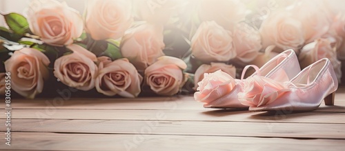 Ballet shoes adorned with roses elegantly arranged on a serene wooden floor creating a captivating copy space image photo