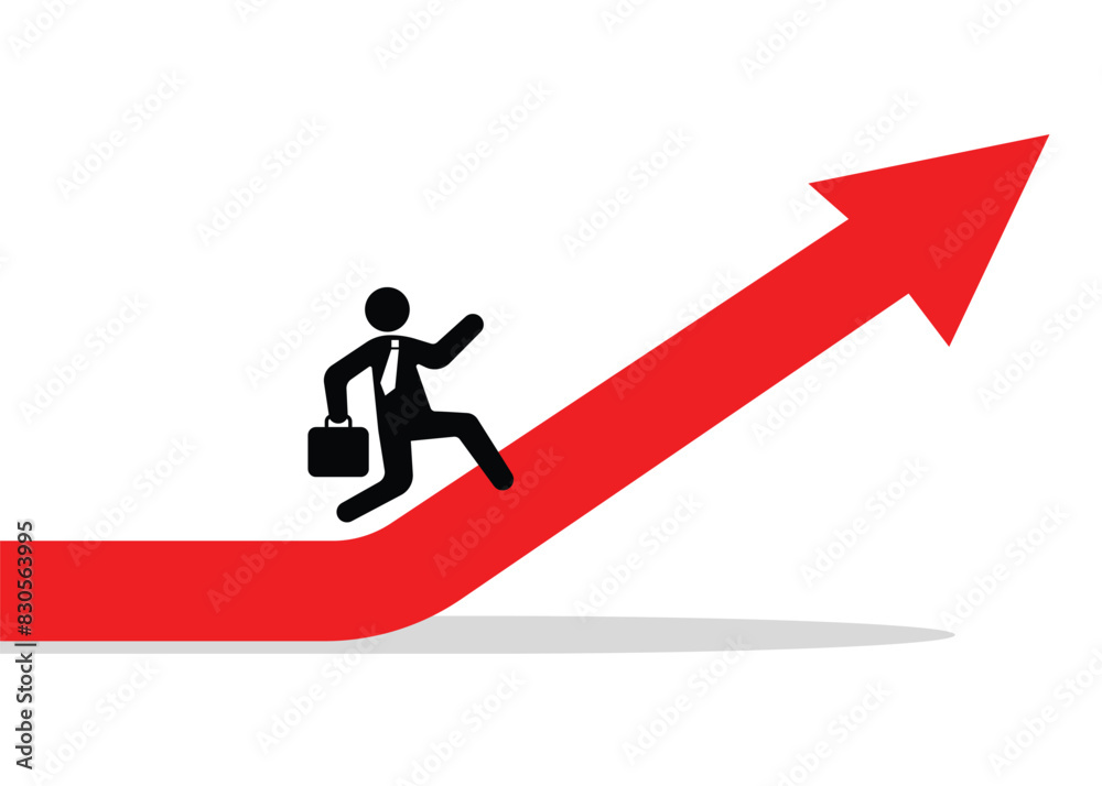 businessman running up a rising arrow graph towards the peak, depicting an entrepreneur's struggle to achieve success