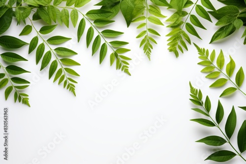 Green leaves and branches on white background  botanical design element for print and web