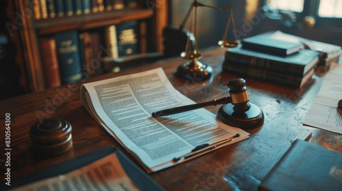 Legal documents and hammer on table, symbol of law and justice