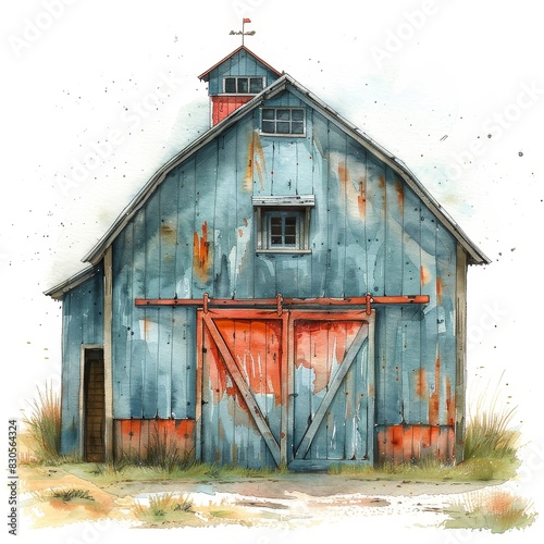Rustic blue barn with weathered wood and red accents, featuring a small window and a weather vane, in a rural setting.
