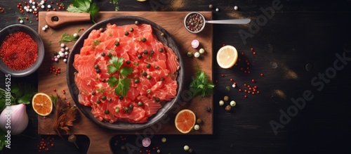 A tempting composition of salmon tartare arranged on a cutting board in a visually appealing flat lay composition. Creative banner. Copyspace image photo