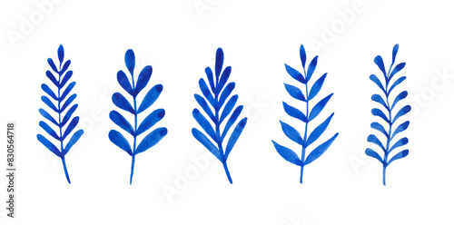 A set of simple blue botanical watercolor plants - twigs with leaves. Hand-drawn.