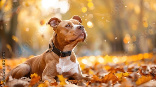 American Pit Bull Terrier enjoying the autumn in the park photo
