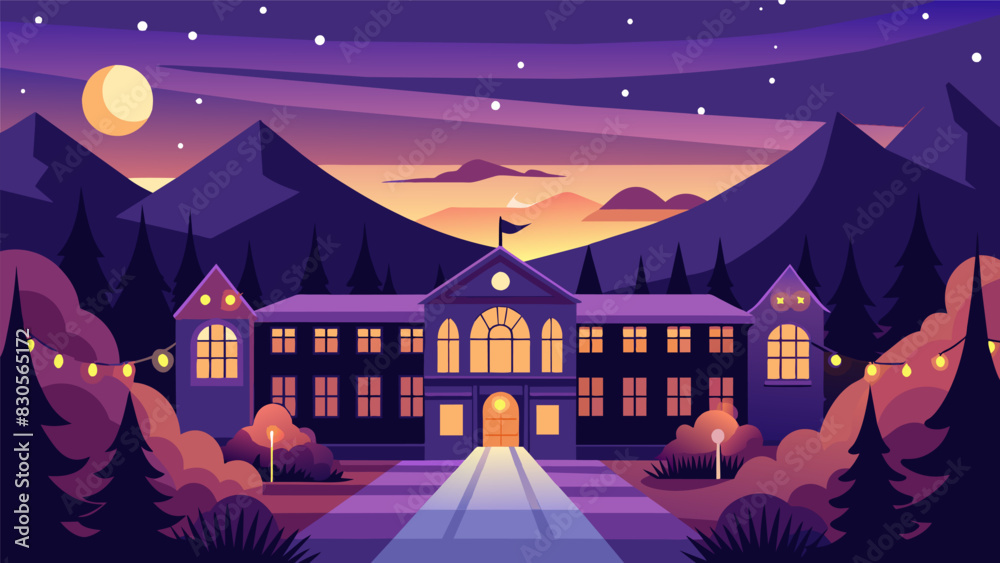Fototapeta premium As the sun set the boarding school transformed into a magical place with ling lights and laughter filling the air.. Vector illustration
