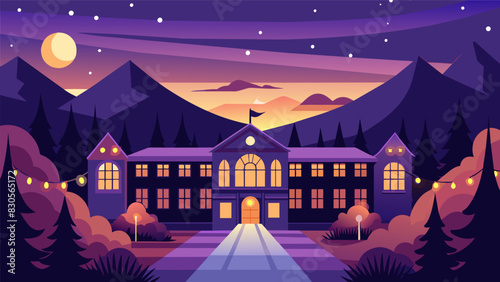 As the sun set the boarding school transformed into a magical place with ling lights and laughter filling the air.. Vector illustration