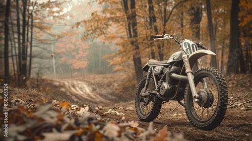 The dirt bike is parked on a forest trail. The fall leaves are on the ground. The bike is white and has a black seat. The sky is hazy. © ChomStyle