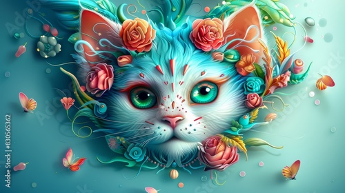 Whimsical illustration of a blue-eyed fantasy cat adorned with vibrant flowers, blending nature and imagination in a stunning digital artwork. photo