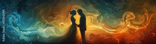 Artistic silhouette of a couple embracing with a colorful, abstract background symbolizing love and connection. Ideal for romantic themes.