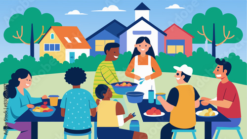 A community event organized by the neighborhood watch program featuring a potluck dinner games and safety educational sessions for all attendees.. Vector illustration