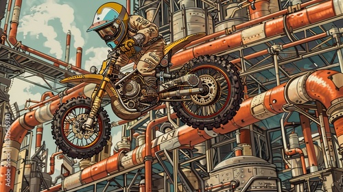 The image shows a dirt bike rider jumping over a pipe
