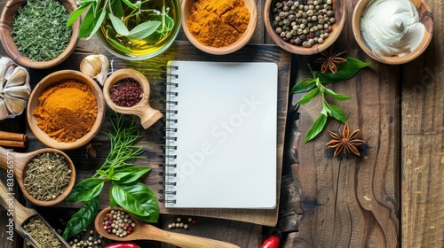 Vibrant assortment of herbs and spices Fragrant elements on wooden surface with empty notebook space