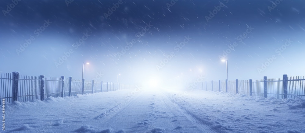 Fototapeta premium During winter a narrow road runs alongside a fence adorned with snow beacons for clear road visibility copy space image