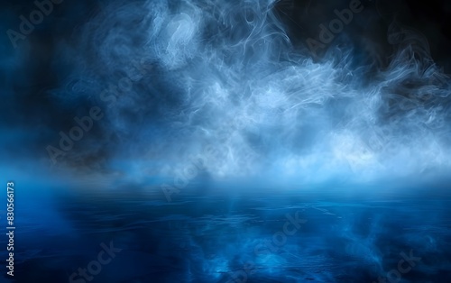 An ethereal blue mist obscures a shadowy, illuminated surface.