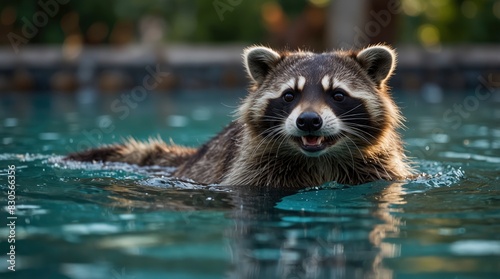 Water-loving raccoon In a spirited display, a raccoon gleefully splashes around the pool, exuding pure delight photo