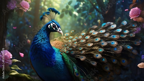 An artificial intelligence-generated image of a peacock bird in a magical woodland