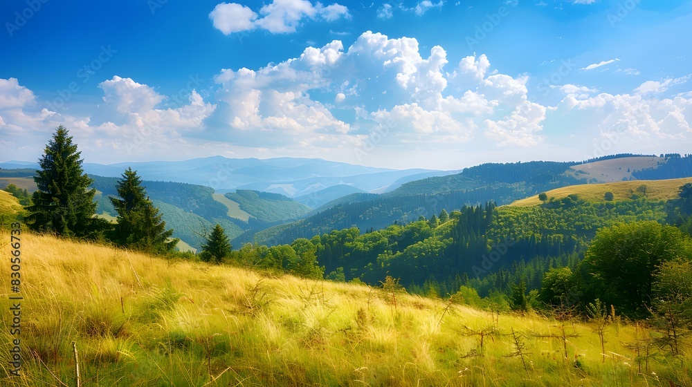 Picturesque alpine meadow with vibrant green grass and towering trees, a breathtaking backdrop for summer adventures in the Carpathians.