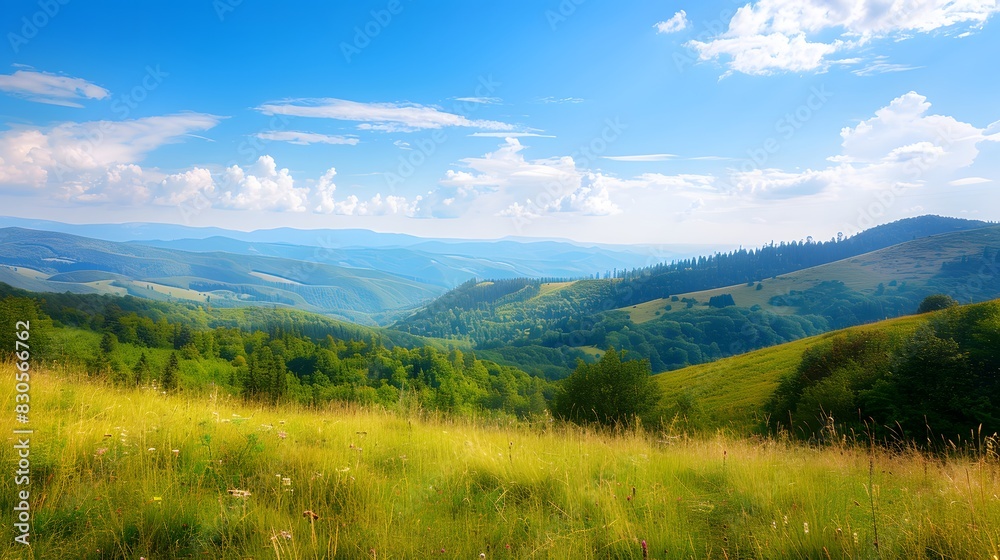 Obraz premium Tranquil summer scene in the Carpathian Mountains, featuring lush meadows and forested hills under a clear blue sky.
