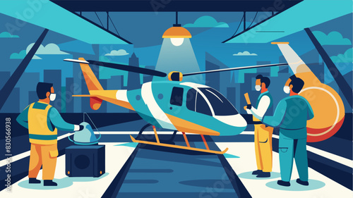 The loud hum of propellers being tested can be heard throughout the hightech maintenance bay as technicians ensure optimal performance of every air taxi.. Vector illustration