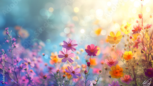 Sunlight in the flowers, Golden hour by a lake in Jurua Purple flowers in field at sunrise Beautiful  spring meadow at sunset, Generative Ai photo
